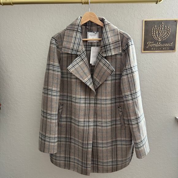 Women's Belle & Bloom Brown, Black, Blue Plaid Snap Front Coat Size L NEW - Picture 2 of 10